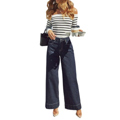 Hnewly New Deep Blue Retro Women High Street Vibe Wide-leg Jeans Fashion High Waist Wide Leg Daily Commuted Loose Straight Pants