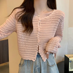 Hnewly Women Button Up Short Cardigan Knitted Shirt Hollow Out Crochet Crop Top Long Sleeved Thin Cover Up Teen-girl Casual Outfit