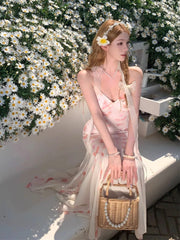 Hnewly French Vintage Y2k Elegant Boho Midi Dress Female Slim Sexy Lace Print Camisole Long Dress Sequin High Waist Dresses Even Party