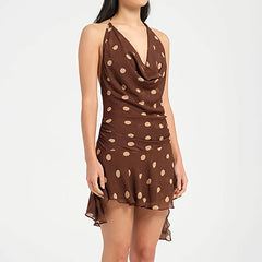 Hnewly Casual Backless High Waisted Short Dress Polka Dot Print Chiffon Summer Dress Sexy Women's Deep V Neck Sleeveless Holiday Dress