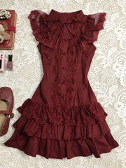 Lunivop Vintage Classic Lolita Burgundy Lace Stand Collar Flutter Sleeve Short Dress Elegant Waist Fit Harajuku Summer Streetwear Outfit