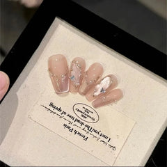 Lunivop 10pcs Handmade Girls Glued Press on Nails Pink Self-adhesive False Nails with Glue Medium Long Square Winter Stick-on Nails