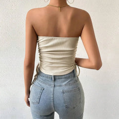 Hnewly Slash Off Shoulder Drawstring Slimm Asymmetrical Solid T Shirt Tank Crop Tops Chic Korean Fashion Summer Women Strapless Vest