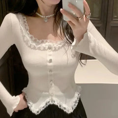 Hnewly Women Shirt Square Collar Chic All-match Long Sleeve Korean Fashion Autumn Sweet Spicy Girls Slim Fit Mujer Hotsweet