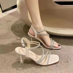 Hnewly French Rhinestone Sandals Fashion Fine Heel High Heel Sandals Women's Summer New Fairy Style Thin High Heels Shoes