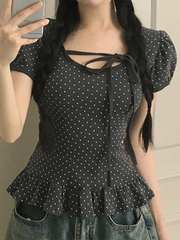 Hnewly Fashion Chic Cute Sweet Women Causal T-Shirts Short Sleeves Ruffly Polka Dot Prints Edible Tree Fungus Blouses