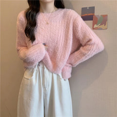Hnewly Fuzzy Knit Top Women Pullover Long Sleeve Plain Crop Sweate Pink Fluffy Jumper for Women Teen-girl Fall Winter Y2K Outfit