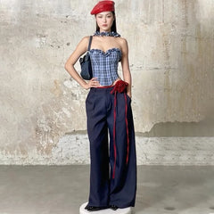 Hnewly Fashion Ruffled Plaid Print Halter Tank Top and Loose Applique Wide Leg Pant Y2K Summer Casual Streetwear 2 Pieces Set