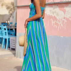 Hnewly Summer Fashion New Women's Elegant Beach Vacation Dress with Strap Printing Stripe Casual Long A-line Dress Y2k Dress