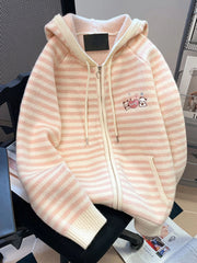 Hnewly Pink Striped Sweet Cardigan Women Cute Cartoon Long Sleeve Knitted Sweaters Vintage Kawaii Preppy Style Japan Pockets Tops Coats