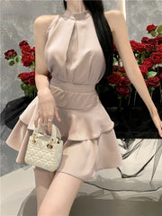 Hnewly Two Piece Set Women Y2k Crop Tank Tops Loose Solid Fashion Camis Sleeveless Blouse High Waist Skirts Elegant Suits Ladies Korean