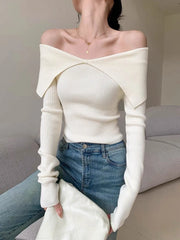 Hnewly Autumn Winter Women Sweaters Casual Long Sleeve Knitted Pullover Sweater Basic Solid Sexy Off Shoulder Crop Top Fashion Clothes