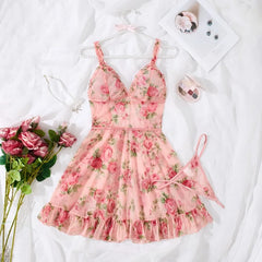 Lunivop Sexy Lingerie Women's Seduction Mesh Floral Ruffle Edge Sexy Nightgowns Sleepshirts Perspective Pajama Set