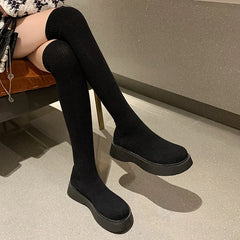 Hnewly Autumn Winter Women Platform Over The Knee Boots Ladies Stretch Knitted Socks Long Boots Slip-On Thick Bottom Shoes Woman