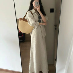 Hnewly Casual Set for Women Simple Collar Loose Long Sleeve Shirt Versatile Half length Long Skirt Two Piece Set