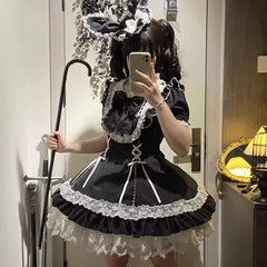 Hnewly Lolita Style Cosplay Cute Short Sleeve Dress OP Original Summer New Bow Lace Stitching Girl's Women's Kawaii Striped Dress Set