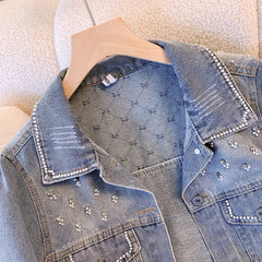 Hnewly Women Denim Jacket Spring Autumn 2025 New Popular Sweet Luxury Beaded Short Top Loose Long Sleeve Lapel Single Breasted Coat