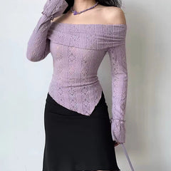 Hnewly y2k Lace Top Women Coquette Clothing See Through Off Shoulder Long Sleeve T Shirt 2000s Fairycore Clothes Streetwear