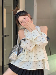 Hnewly Sweet Off Shoulder Shirt Women Long Sleeve Bow Print Loose Blouse Korean Fashion Hollow Out Elegant Female Chic Spring Tops