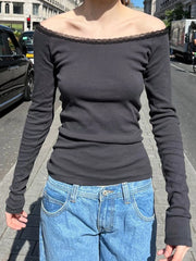 Hnewly New Lace Trim Black Long Sleeve T-shirt Woman Scoop Neck Cotton Slim Tee Shirt Autumn Vintage Streetwear Sweet Tshirt Y2k Tops