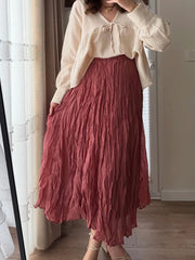 Hnewly Pleated Midi Skirts for Women Summer Clothes Elastic High Wasit A Line Fashion Skirt Female Vintage Elegant Long Skirt