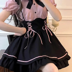 Hnewly Japanese Sweet Cute Lolita Two Piece Sets Y2k Bow Puff Sleeve Shirts Women Summer New Slim Waist Black Skirts