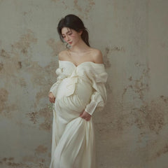 Hnewly Women Maternity Dress for Photography White Elegant Off-shoulder Pregancy Dresses for Studio Photo Shoot Clothing for Photo