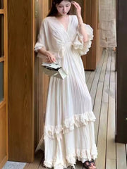 Hnewly Women's Ruffles Fairy French Dress V-Neck Full Skirt Short Sleeves Long Dressses Beach Holiday Vestidos 2025 Summer Fashion New