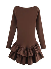 Hnewly Ruffled Hem Solid Women Dresses Elegant Long Sleeve High Waist O-neck Lady Mini Dress Spring Chic Street Party Female Robes