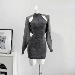 Hnewly spring fashion trend Autumn Elegant Knitted Suit Woman Korean Fashion 2 Piece Set Sexy Sleeveless Slim Mini Dress + Casual Short Cardigan Chic