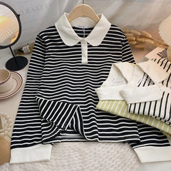 Hnewly Classic Black White Striped Sweatshirts Casual Loose Turn-down Collar Women's Spring 2025 New Korean Long Sleeve T-shirt Top