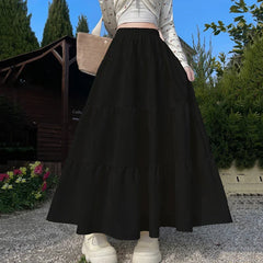 Hnewly Korean Style Elastic High Waist White Skirt for Women Summer Loose Pleated Long Skirts Woman Vacation A Line Umbrella Skirt