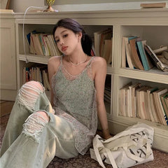 Hnewly BACK TO SCHOOL OUTFIT Korean Fresh Fairycore Flower Print Mesh Camisole Summer Sexy Slim Fit Vest for Women Y2k E-Girl Two Piece Sets