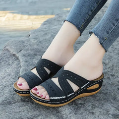 Hnewly New Summer Women Wedge Sandals Premium Orthopedic Open Toe Sandals Vintage Anti-slip Leather Casual Female Platform Retro Shoes