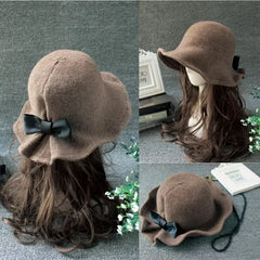 Hnewly Vintage Wool Bucket Hats Women Fashion Bows Basin Fisherman Hat Winter Black Coffee Dark Camel Hat Ladies Head Accessories