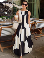 Hnewly Printing Women's Dress O-neck Sleeveless A-line Ankle-length Circle Dot Female Dresses Summer Fashion Vacation Lady Robe 