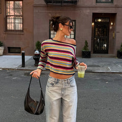 Hnewly Combhasaki Womens Off Shoulder Knitted Top Loose Fit Casual Y2K Colorful Striped Contrast Color Long Sleeve Crop Sweater Jumpers