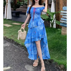 Hnewly Plus Size Floral Print Summer Dress Women's Vacation Style Asymmetrical Hem Empire Waist Slimming Skirt Ankle Length Short Sleev