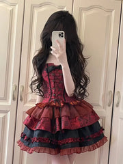 Hnewly Women's Victorian Gothic Lolita Lace Bow Slim Bandage Princess Dress, Japanese Harajuku Punk Style, Evening Party Dresses, Red,