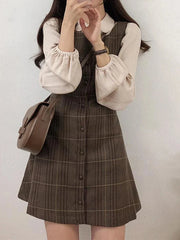 Hnewly FALL OUTFITS New Casual Dating Design Set Dress Women's Korean and Japanese Style Retro Pl Button Women Shirt Mini Sleeveless Tank Top