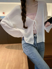 Hnewly Women Tie Up Short Cardigan Knitted Long Sleeve Tie Front Shrug Cardigan Lightweight Cover Up Jacket Teen-girl Y2K Outfit