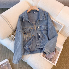 Hnewly Nail Bead Denim Jacket For Women's Spring Autumn 2025 New Style Loose Versatile Long Sleeved Turndown Collar Coat Top