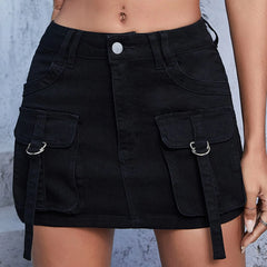 Hnewly Ladies' Korean Style Harajuku Multi-pockets High Waist Skirt Fashion High Street Sexy Stretch Slim Fit Distressed Denim Skirt