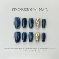 Hnewly 10Pcs Light Luxury Handmade Press On Nails French coffin Cat Eye Fake Nails with Diamond Full Cover Wearable Artificial Nail Tip