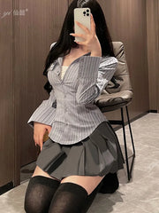 Hnewly Women Wear New Skirt Set Summer Academy Style JK Popular Design Sense Waistband Long Sleeved Shirt Romantic Elegant Mature 3JZ0