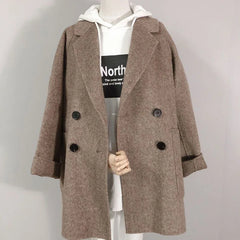 Hnewly Women's Herringbone Pattern Woolen Jacket, Imitation Cashmere Blazer, Korean Loose Thick Coat