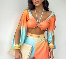 Hnewly Summer Women's Stylish Casual Set Tie-Dye Pattern with Long Sleeve Halter Top and and Shorts Cutout Detail Suitable for Vacation