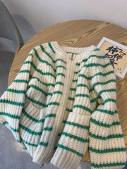 Hnewly Green Striped Zippered Sweater Knitted Cardigan Women's Spring Autumn O-Neck Top New Loose Harajuku Long Sleeved Outwear