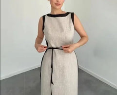 Hnewly Sleeveless Contrast - Detailed Maxi Dress for Women, Tie - Waist Long Dress with Belt, Ideal for Party