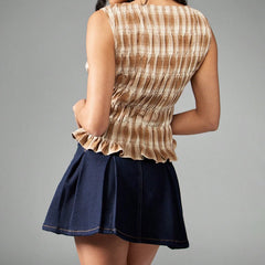 Hnewly Women Tank Tops y2k Clothes Summer Plaid Print Crew Neck Sleeveless Pleated T Shirts Vest Streetwear for Casual Daily